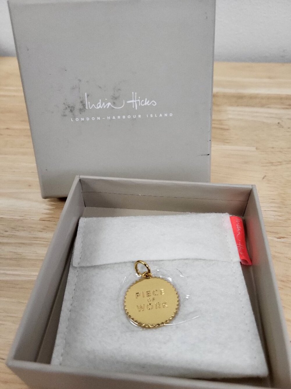 India Hicks Piece of Work Token Pendant, GOLD. Retired Item NIB